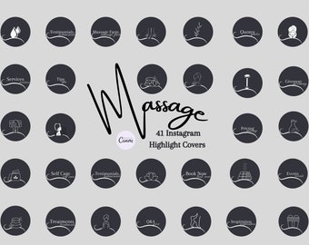 May include: A set of 41 black and white Instagram highlight covers with various massage-related icons and text. The icons include a drop of water, a hand, a lotus flower, a person getting a massage, and a stack of stones. The text includes "Services", "Testimonials", "Massage Facts", "Quotes", "Self Care", "Treatments", "Book Now", "Q&A", "Inspiration", "Giveaway", "Events", and "Pricing".