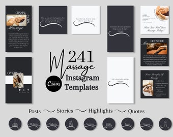 May include: A collection of 241 Instagram templates for massage therapists. The templates are in black and white with a modern, minimalist design. The templates include quotes, posts, stories, and highlights. The text on the templates includes phrases like "Cranial Sacral Massage", "Hot Stone Massage", "Time Benefits of Massage", and "Life is better after getting a massage."