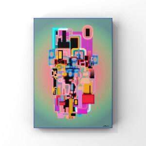 May include: Abstract digital art print featuring a colorful geometric design with overlapping shapes in shades of pink, blue, yellow, red, and black. The design is set against a green gradient background.