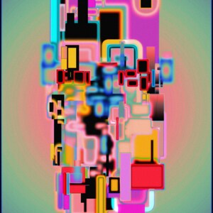 May include: Abstract digital art with a colorful geometric design. The artwork features a variety of shapes and colors, including pink, blue, yellow, red, and black. The shapes are layered on top of each other, creating a sense of depth and movement.