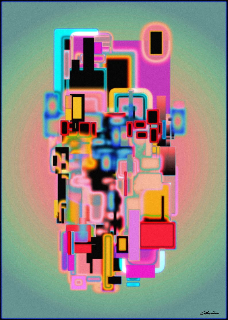 May include: Abstract digital art with a colorful geometric design. The artwork features a variety of shapes and colors, including pink, blue, yellow, red, and black. The shapes are layered on top of each other, creating a sense of depth and movement.