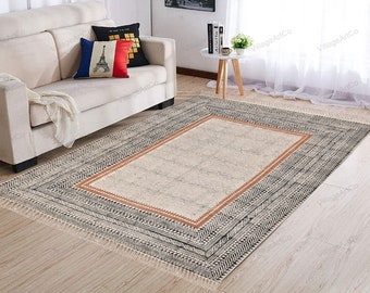 Washable Cotton Rug Cotton Washable Carpet Machine Washable Rug Block Print Rug Handmade Rug for Living Room/Bedroom/Kitchen/Dining Room
