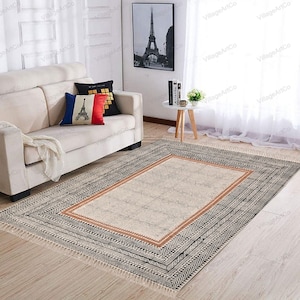 Washable Cotton Rug Cotton Washable Carpet Machine Washable Rug Block Print Rug Handmade Rug for Living Room/Bedroom/Kitchen/Dining Room
