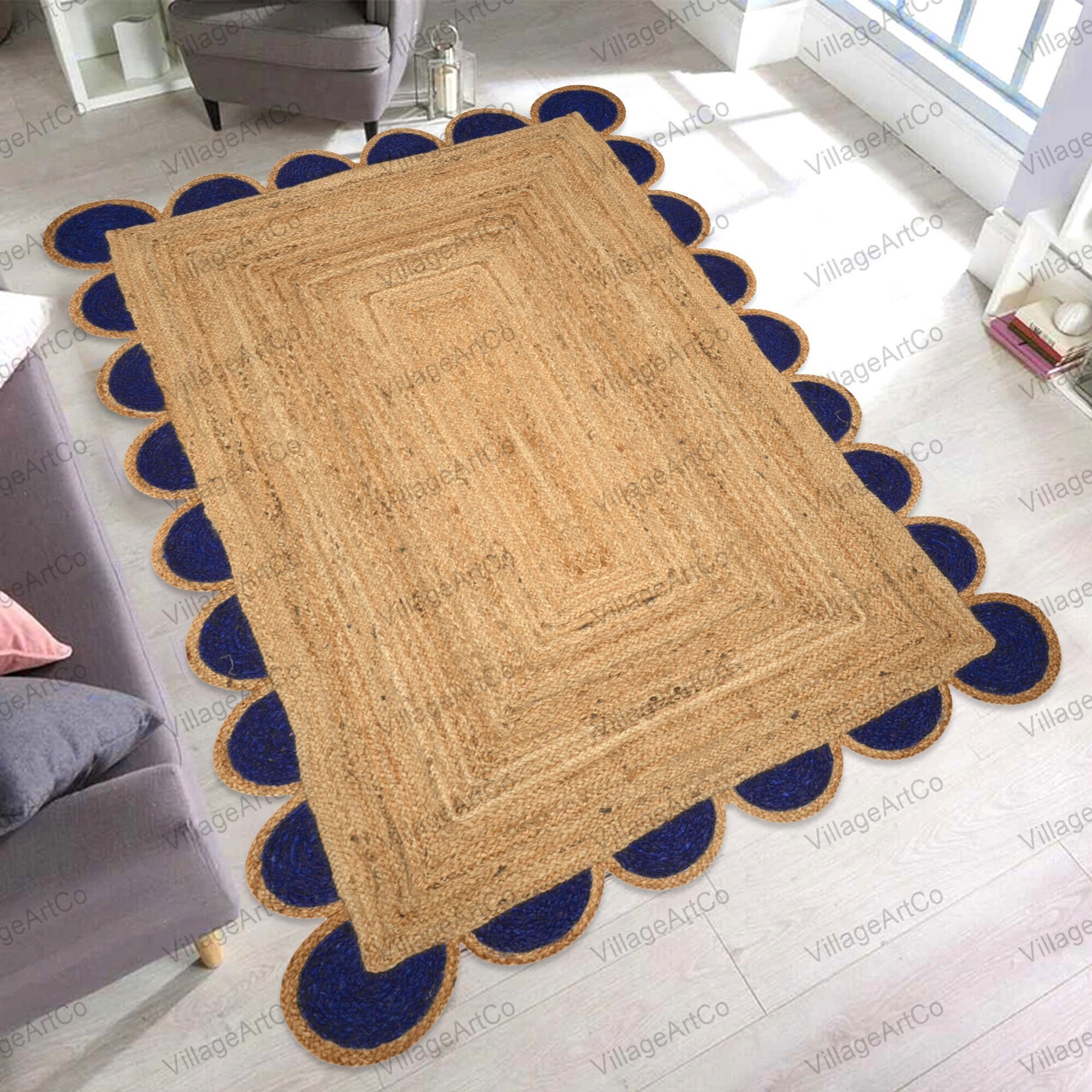Navy Blue Border Scalloped Pattern Living Room Rugs Runner 3 X 8 Ft