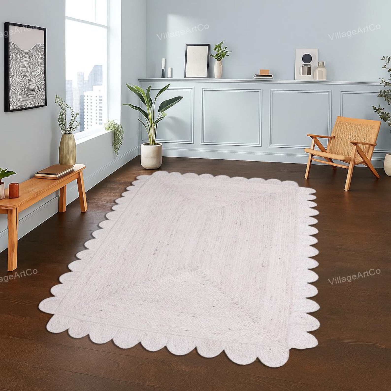 White Jute Scalloped Rug for Dining Table, White Area Rug for Living ...