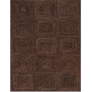 May include: A dark brown jute rug with a geometric square pattern. The rug's design features a grid of squares, each with a slightly darker centre, creating a textured appearance. The rug is made of woven jute fibres.