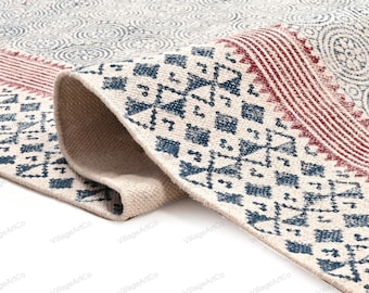 Alfombras de algodón lavables en oferta. Alfombra de algodón tejida a mano para sala, dormitorio, comedor, pasillo, entrada y cocina. Alfombra con estampado de bloques a mano.