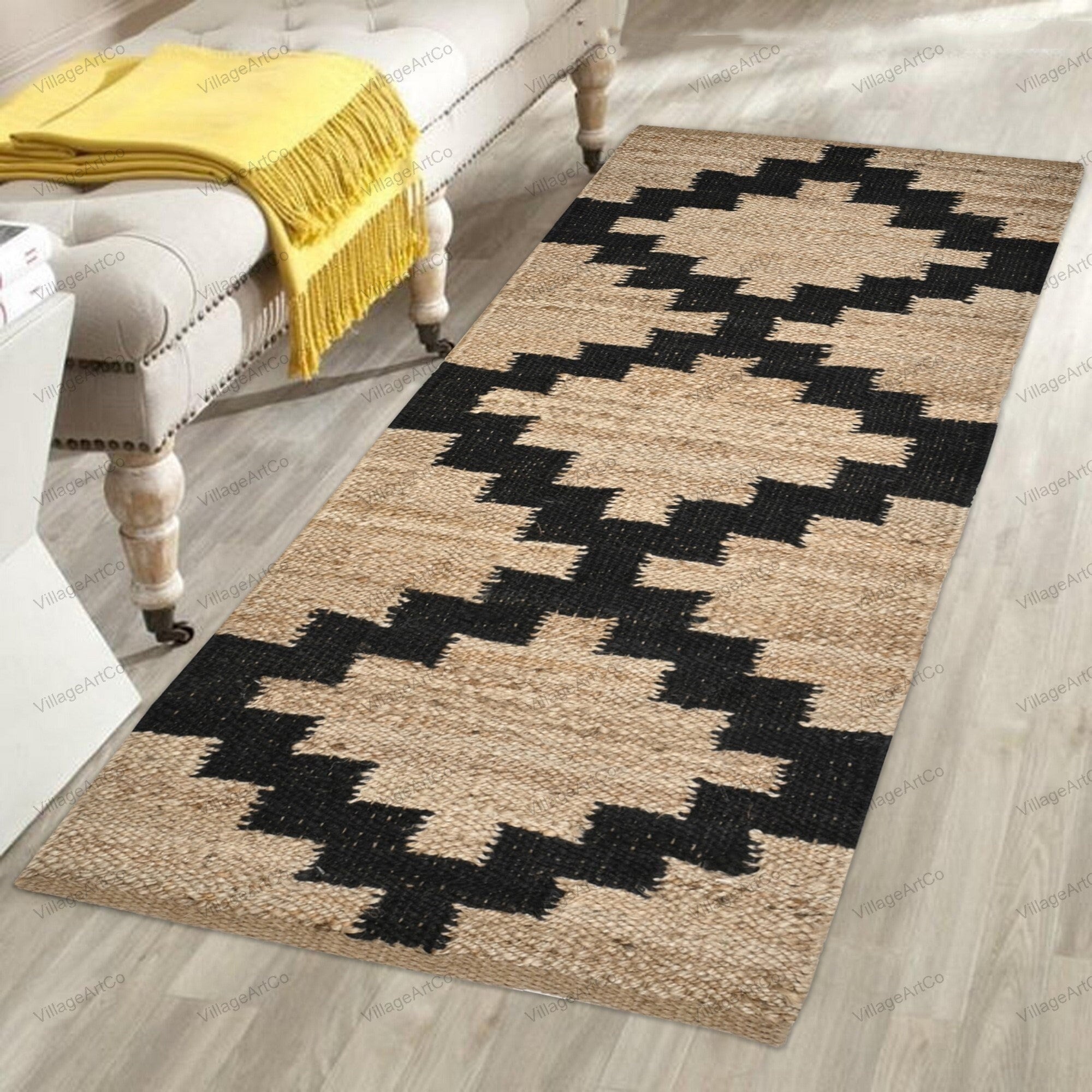 Black and Natural Jute Stair Runner Rugs 2 X 22 Ft Bohemian Etsy