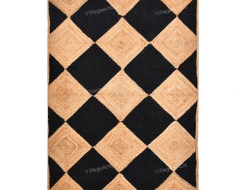 Black and Beige Jute Rug, Large Jute Runner Rug for Hallway/Kitchen, Diamond Pattern Rug, Custom Jute Carpet for Living Room/Dining Space