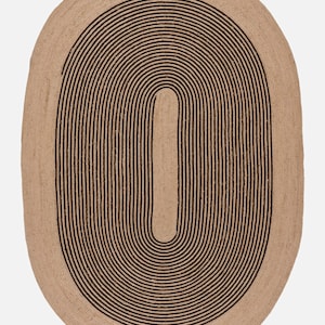 May include: Oval jute rug with a beige background and a black, concentric, arched design. The rug's pattern features a central vertical line and curved lines that create an elongated oval shape. This rug is suitable for living rooms and bedrooms.