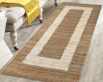 White & Beige Hemp Jute Hallway Runner 2 X 20 feet, Soft Natural Fiber 20&#39; Long Stair Runner, handwoven Jute Entryways Rug, Jute Kitchen Rug