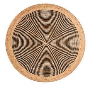 May include: Round jute rug with a spiral black design. The rug has a natural tan color with a black spiral pattern in the center. The rug is a decorative floor covering.