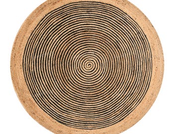 May include: Round jute rug with a spiral black design. The rug has a natural tan color with a black spiral pattern in the center. The rug is a decorative floor covering.