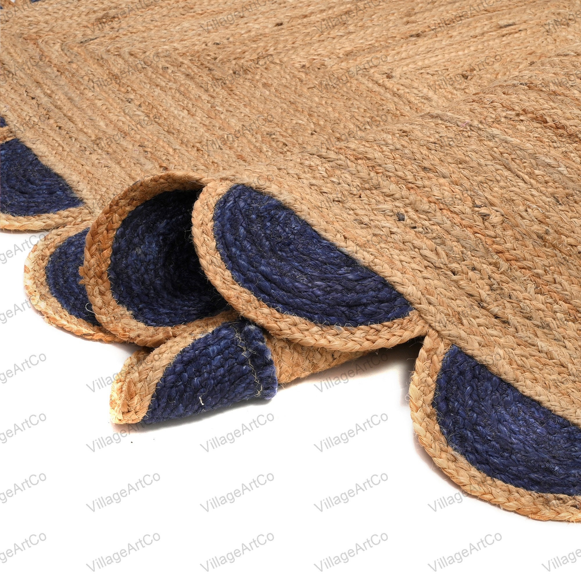 Navy Blue Border Scalloped Pattern Living Room Rugs Runner 3 X 8 Ft