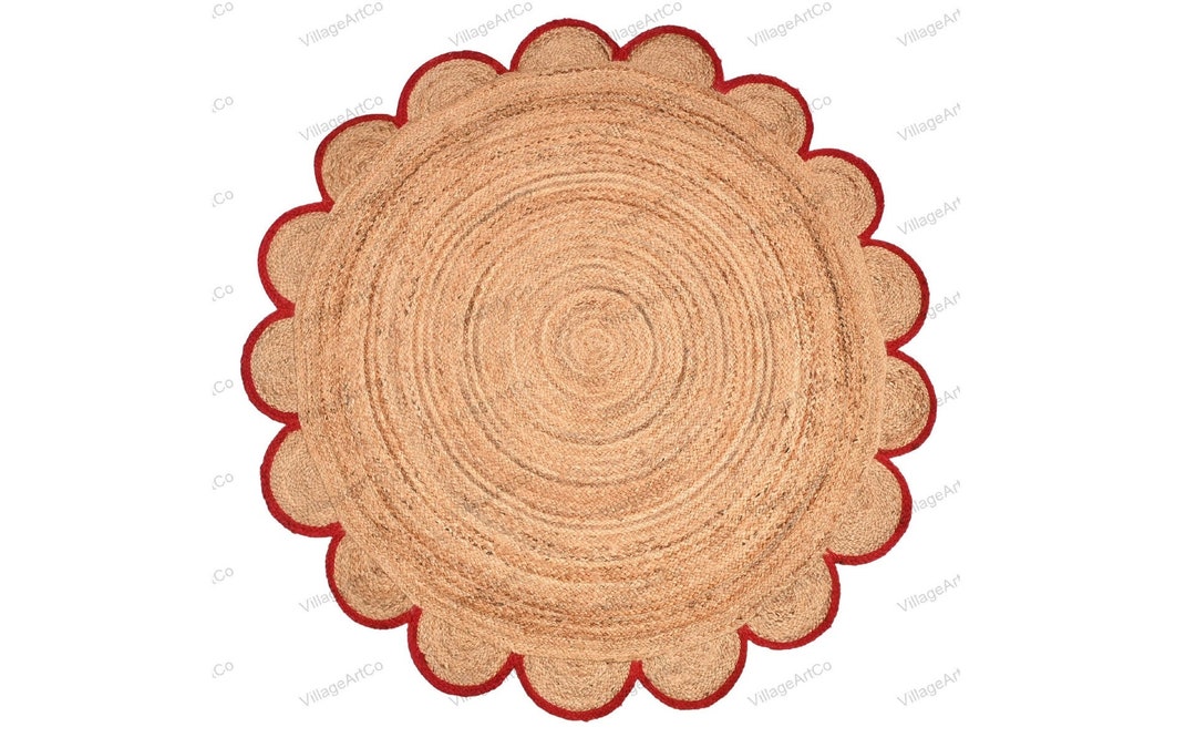 Red Trim Round Scallop Rug 8 X 8 Ft 15 X 15 Scallop Round Rug - Etsy