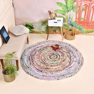 Cotton Round Rug, Braided Round Rug, White Cotton Rug, White Round Rug, Round Area Rug, Circle Cotton Rug, Multicolor Rug, Non Slip Bath Mat