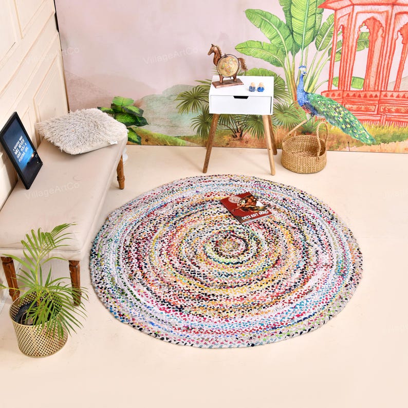 Cotton Round Rug, Braided Round Rug, White Cotton Rug, White Round Rug, Round Area Rug, Circle Cotton Rug, Multicolor Rug, Non Slip Bath Mat