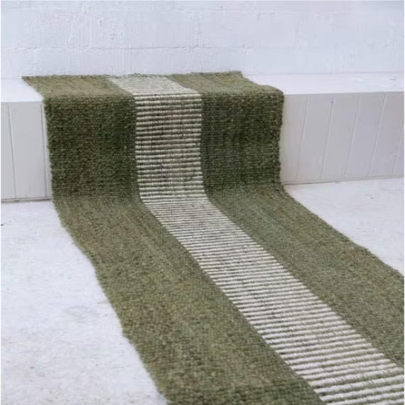 Green Hemp Jute Runner for Hallway/Entryway/Kitchen, Braided Wool Jute Runner Hemp Stair Runner, Runner for Dining Table, Bedside Runner Rug
