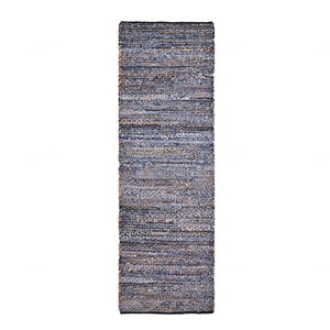 May include: A rectangular rug with a woven texture. The rug features a mix of blue, brown, and beige tones. The rug is designed for indoor use and is likely made of natural fibers.