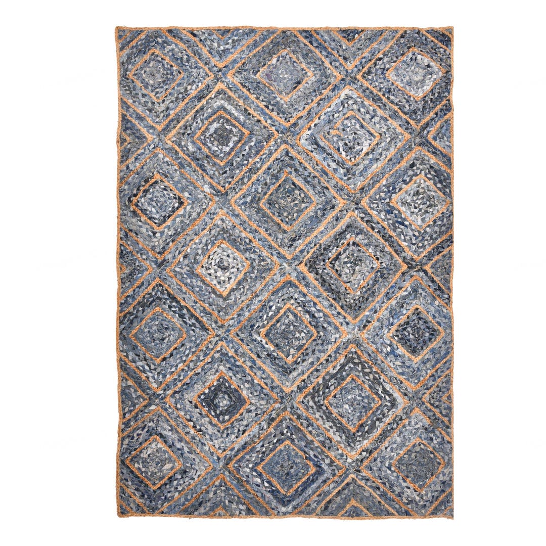 Hand Knotted Rug, Denim Runner Rug, Braided Denim Rug, Box Pattern Rug ...