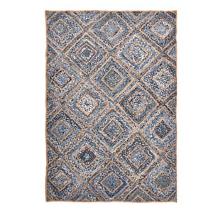 May include: A rectangular rug with a geometric diamond pattern. The rug features a woven design with shades of blue and gray, accented by a tan border. The diamond shapes are arranged in a repeating pattern across the rug's surface.