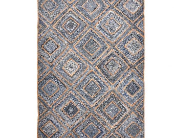 Hand Knotted Rug, Denim Runner Rug, Braided Denim Rug, Box Pattern Rug, Denim Bath Rug, Denim Doormat, Denim Rug for Hall, Kitchen Runner