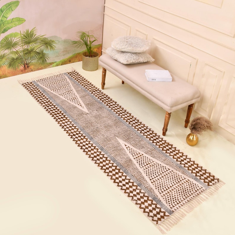 Washable Kitchen Rug, Home Washable Runner for Hall/Entryway/Stairs, Cotton Runner Rug, Hand Block Print Rug, Cotton Bedside Rug