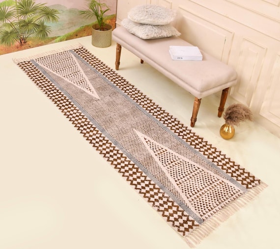Washable Kitchen Rug, Home Washable Runner for Hall/Entryway/Stairs, Cotton Runner Rug, Hand Block Print Rug, Cotton Bedside Rug, Bath Rug