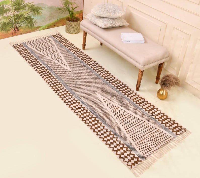 Washable Kitchen Rug, Home Washable Runner for Hall/Entryway/Stairs, Cotton Runner Rug, Hand Block Print Rug, Cotton Bedside Rug