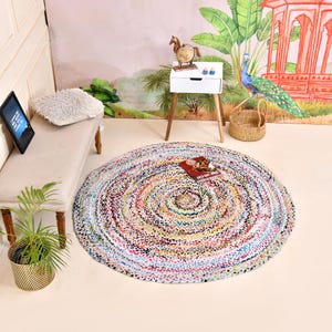 Cotton Round Rug, Braided Round Rug, White Cotton Rug, White Round Rug, Round Area Rug, Circle Cotton Rug, Multicolor Rug, Non Slip Bath Mat