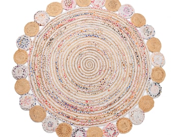 Handbraided Rug, White Round Area Rug, Natural Jute Area Rug, Cotton Chindi Rug, Braided Cotton Rug, Circle Area Rug, Round Cotton Doormat