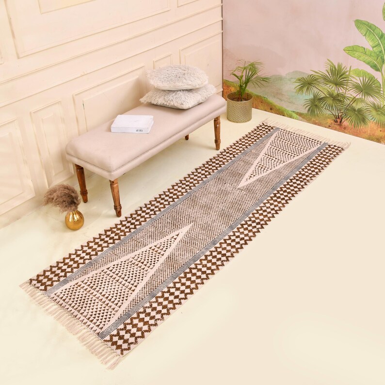 Washable Kitchen Rug, Home Washable Runner for Hall/Entryway/Stairs, Cotton Runner Rug, Hand Block Print Rug, Cotton Bedside Rug