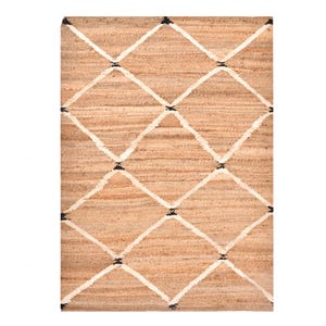 May include: Rectangular jute rug with a diamond pattern. The rug features a natural tan background with white diamond outlines and small black accents at the intersections. The rug is made of woven jute fibers.