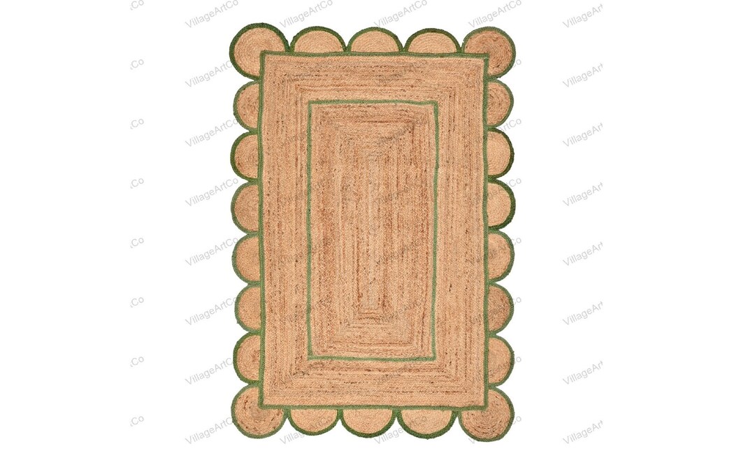 Extra Large Natural Jute Scallop Rug, Round Edges Scalloped Rugs for Living Room, Square Scallop