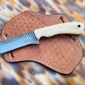 Handmade Cowboy Bull Cutter Knife: Rasp Steel Blade, Bone Handle, Leather Sheath
