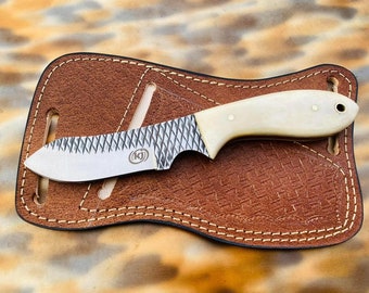 Handmade Rasp Steel Skinner Knife: Bone Handle, Leather Sheath