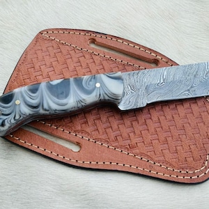 Handmade Damascus Cowboy Bull Cutter Knife with Leather Sheath