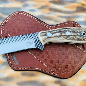 Handmade Cowboy Bull Cutter Knife: Rasp Steel Blade, Stag Horn Handle