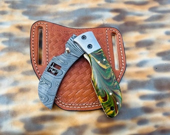 Handmade Damascus Hawkbill Pocket Knife with Resin Handle & Leather Sheath