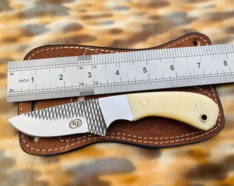Handmade Rasp Steel Skinner Knife: Bone Handle, Leather Sheath