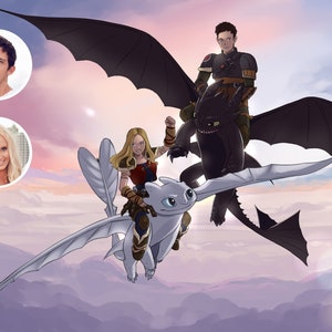 Portrait personnalisé aux commandes de leur propre dragon - Style artistique anime - Cadeau romantique fait main - Dessin numérique