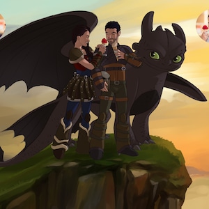 Un portrait personnalisé de votre couple dressant un dragon pour un jour spécial - Style artistique anime - Cadeau pour elle - Cadeau pour petite amie