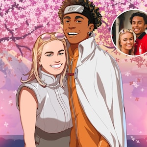 Ritratto personalizzato fatto a mano di coppia come ninja per un regalo per un giorno speciale - Stile arte giapponese - Illustrazione romantica manga - Regalo per lui