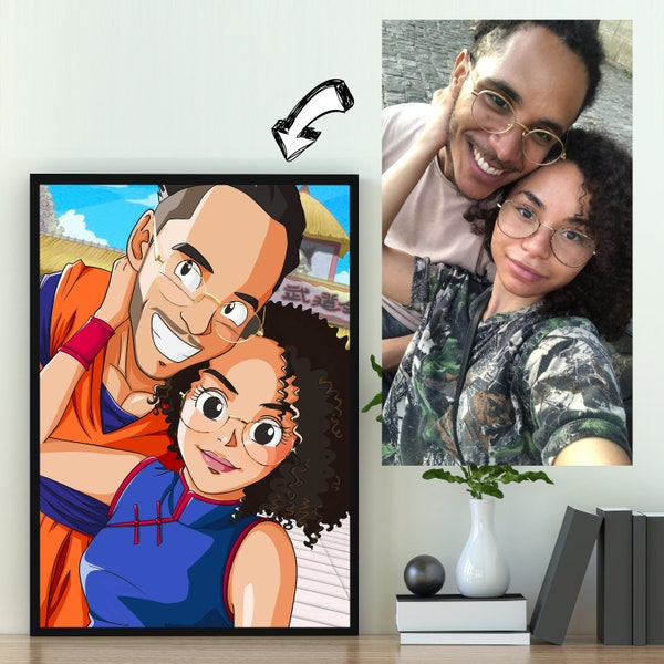 Portrait de couple fait main Super Saiyan pour une idée de cadeau romantique - Style art manga - Illustration personnalisée - Dessin numérique