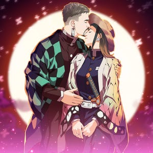 Chasing demons together in this custom couple portrait - Cute caricature art style - Manga anime illustration - Romantic gift idea - Digital
