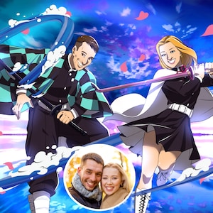 Transformez votre couple en chasseur de démons avec un portrait personnalisé dans ce célèbre anime - Cadeau pour lui - Cadeau spécial jour - Illustration personnalisée