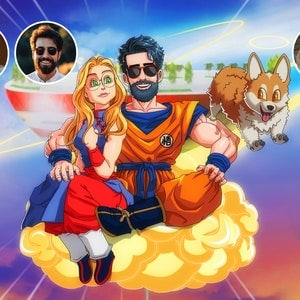 Portrait de famille personnalisé en mode manga Super Saiyan - Illustration d'anime personnalisée - Impression d'art mural - Cadeau personnalisé - Dessin numérique
