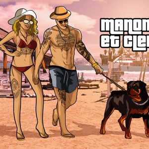 Portrait personnalisé de vacances en famille en personnage de gangster badass de jeu vidéo - Jeu du monde ouvert - Illustration personnalisée - Dessin numérique