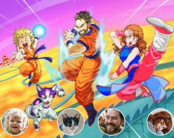 Turn your family into Super Saiyan in this handmade custom portrait - Funny gift idea - Manga art- Gift for dad - Digital drawing