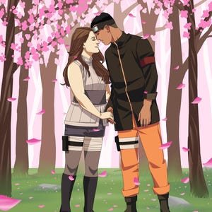 Portrait de couple personnalisé en mode ninja - Style art japonais - Cadeau personnalisé pour amateur d'anime manga - Cadeau pour petit ami - Dessin numérique